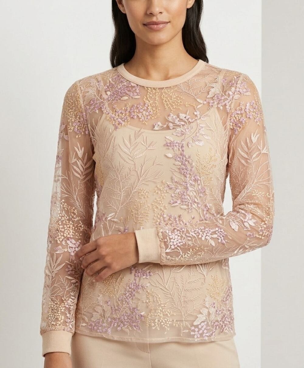ELIE TAHARI Sheer Mesh Embroidered Floral Long Sleeve Top Nude Pink Size XS